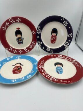 Japanese Kokeshi Doll Dessert Plates set of 4 NIB